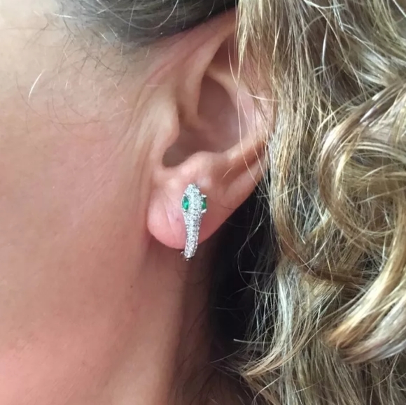 🐍Serpent Snake Hoop Stacking 925 Sterling Silver Yellow Gold Green Zircon Pave - Picture 6 of 16